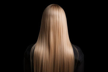 Long Blonde Straight Hair , Rear View On Black Background. Generative AI