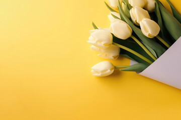 Photograph Of Top View Of Copy Space And Yellow Envelope And Bouquet Of White Tulips With Copy Paste Yellow Background. Generative AI