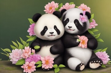 panda and a flower, Cute and playful photorealistic image of a panda and a blooming flower. Fluffy...