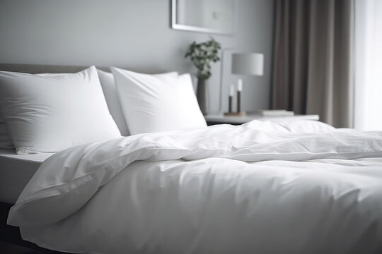 Bed With White Linens Closeup. Generative AI