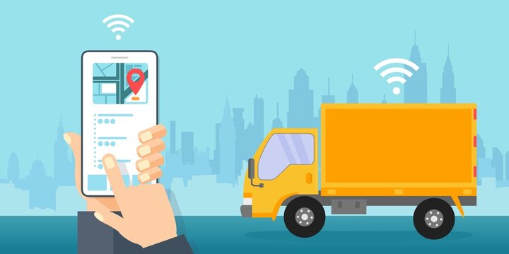 Chiama un taxi online, applicazione mobile. App mobile con mappa. - illustrazioni furgone noleggio merce lavoro