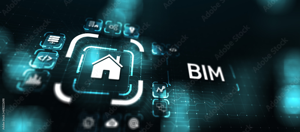 Poster bim building information modeling technology concept on virtual screen.