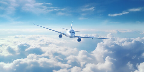 Obraz premium an airplane flying above the sky with clouds, in the style of photorealistic renderings wide angle lens, hyper-realistic atmospheres