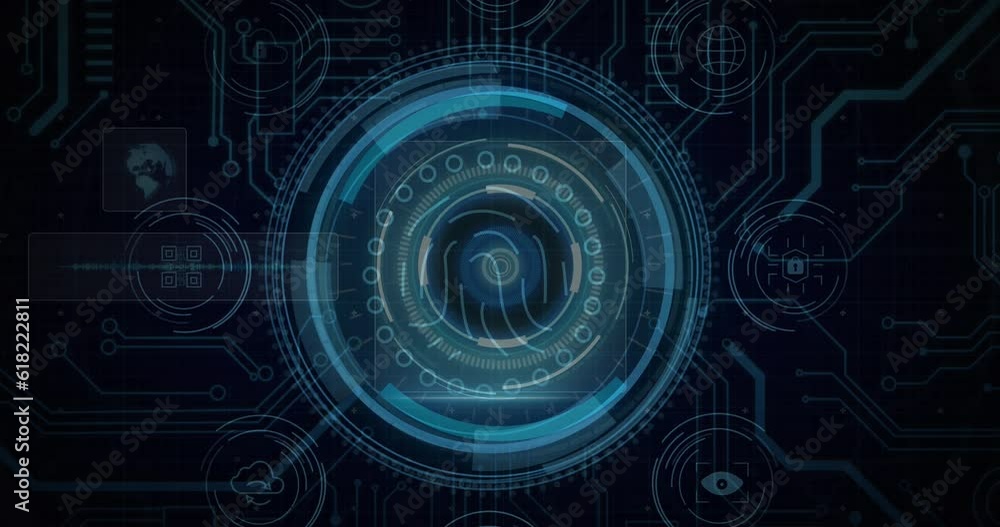 Poster animation of data protection text and fingerprint in circles over globe and circuit board pattern
