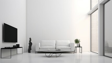Minimal interior living room.Black and white furniture in white room.3d rendering
