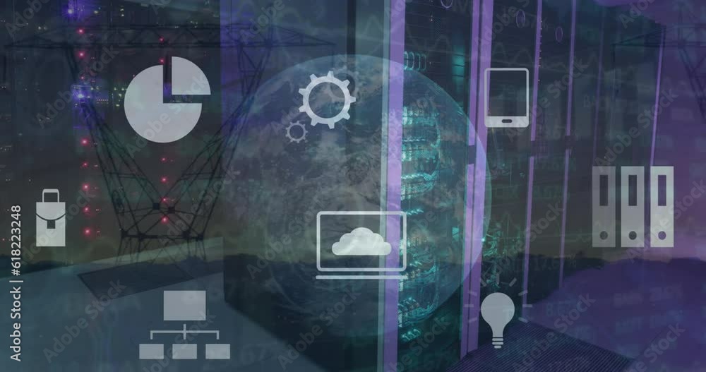 Poster animation of multiple digital icons and globe against computer server room and network towers