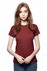 Fototapeta premium Burgundy t-shirt mockup for teens and young adults. AI generative model wearing blank tshirt with space for your design, lettering or logo.