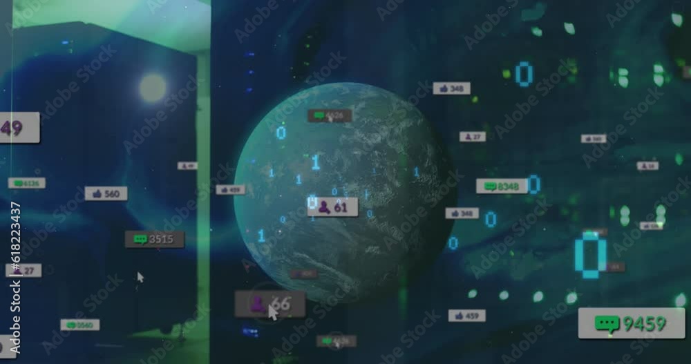 Poster animation of social media icons and binary coding against spinning globe and light spot
