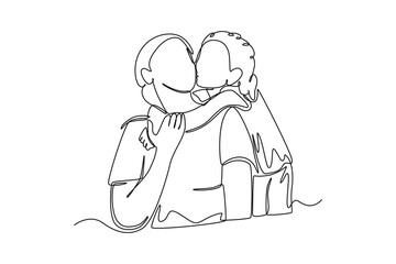 Single one line drawing little girl kisses her mother. Continuous line draw design graphic vector illustration.