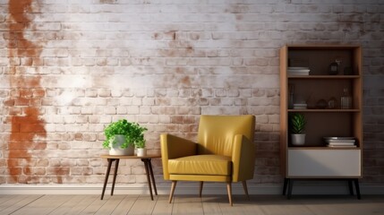 Mock up room in modern style with armchair,cabinet and old brick wall background.3d rendering