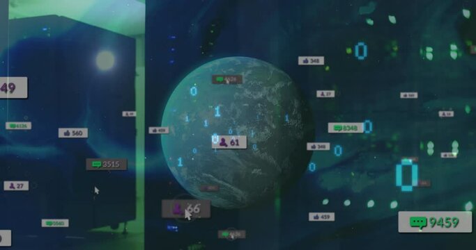 Animation of social media icons and binary coding against spinning globe and light spot
