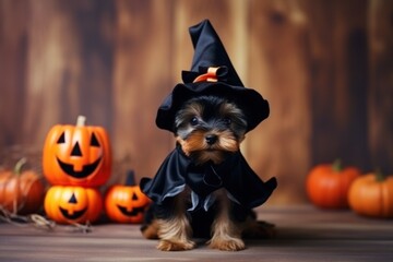 Halloween card. A dog on a orange background in a mantle, a witch's costume and a cap. With Generative AI technology