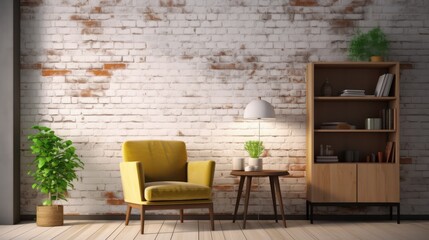 Mock up room in modern style with armchair,cabinet and old brick wall background.3d rendering