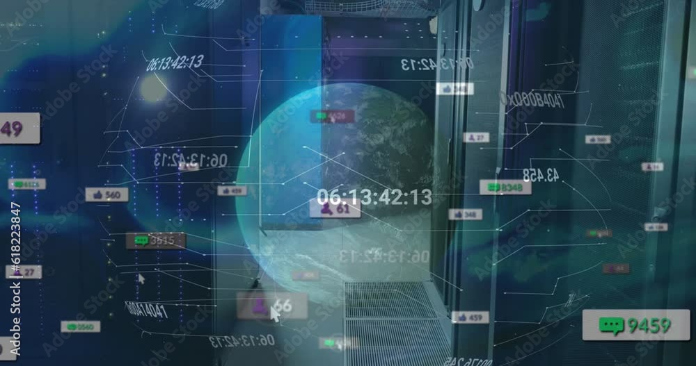 Poster animation of social media icons, spinning globe and data processing against computer server room