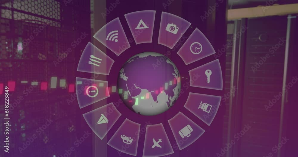 Poster animation of multiple digital icons over spinning globe and data processing against server room