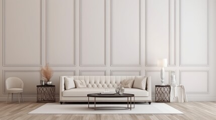 Modern classic interior.Sofa,armchair,side table with lamps.White wall and wooden floor with carpet. 3d rendering