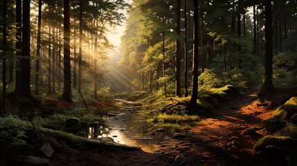 Forest at sunrise, light streaming in