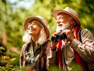 Senior Couple birdwatching In summer forest, AI generated