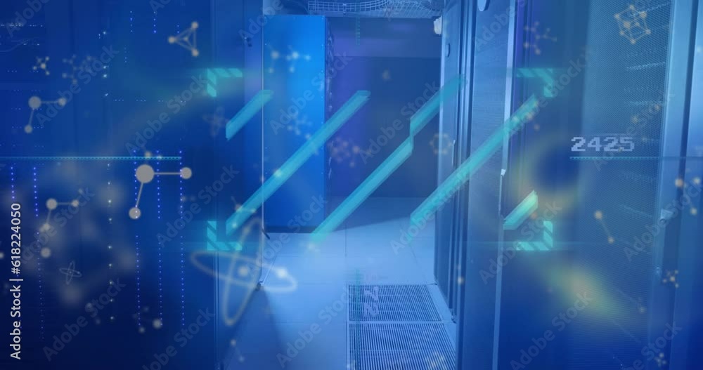 Poster animation of scanner and molecular structures floating against computer server room