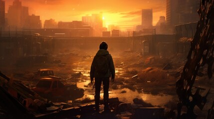 Fototapeta premium Game art piece that captures a significant moment in the middle of a hero's journey through a post - apocalyptic world. The protagonist, a resilient survivor, stands at the threshold of a crumbling