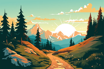Mountain valley, flat colors poster. Travel and adventure. Vector illustration