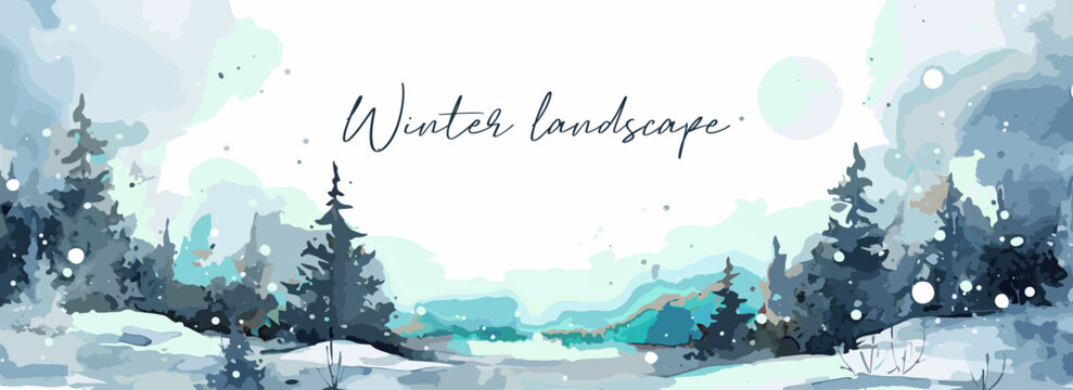 Minimalistic winter panoramic landscape with copy space, vector watercolor style. Vector illustration