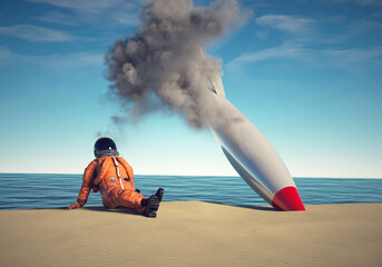 Astronaut relaxing on beach with a fallen rocket near.