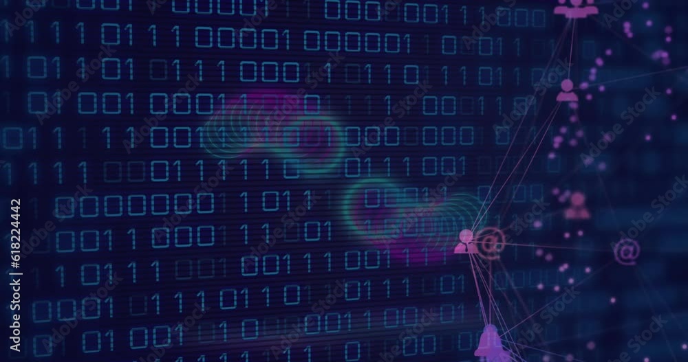 Poster animation of globe of digital icons and spring shapes against binary coding against blue background
