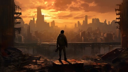Fototapeta premium Game art piece that captures a significant moment in the middle of a hero's journey through a post - apocalyptic world. The protagonist, a resilient survivor, stands at the threshold of a crumbling