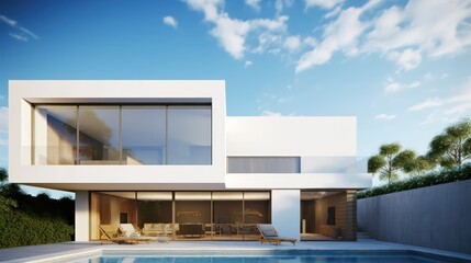 Fototapeta na wymiar Modern house exterior and blue sky. 3d rendering