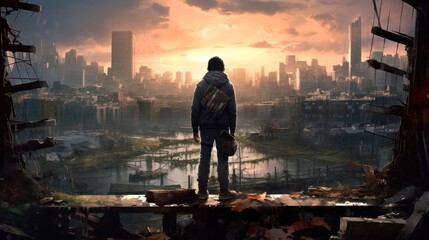 Game art piece that captures a significant moment in the middle of a hero's journey through a post - apocalyptic world. The protagonist, a resilient survivor, stands at the threshold of a crumbling