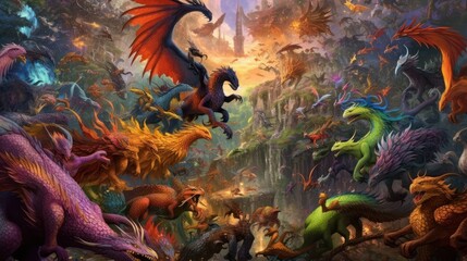 Artwork showcasing a diverse array of legendary creatures from folklore and mythology, such as dragons, griffins, unicorns, and phoenixes, gathered in a majestic and awe - inspiring setting