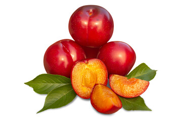 Several ripe whole plums, plum halves and green leaves isolated on transparent background.