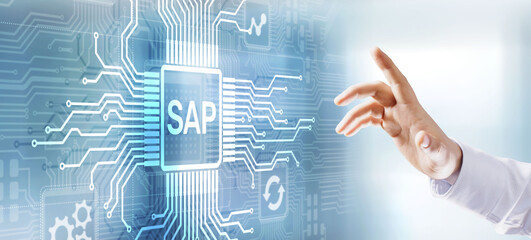 SAP - Business process automation software. ERP enterprise resources planning system concept on virtual screen.