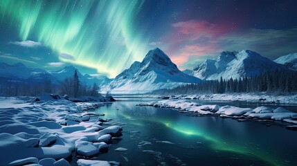 Fototapeta na wymiar Majestic Aurora Borealis Dancing over Snow