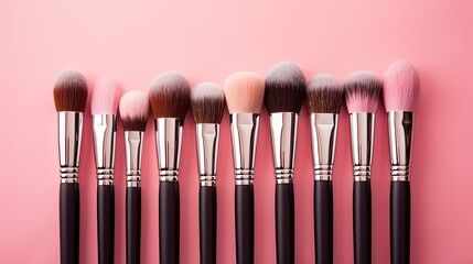 Make up brush kit on a solid pink background