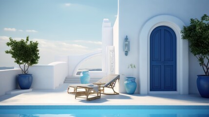 Santorini style architecture with armchairs plant door and swimming pool.3d rendering