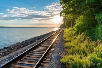Fototapeta premium along a railroad on an summer morning AI Generated