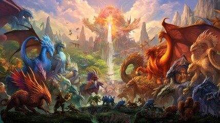 Artwork showcasing a diverse array of legendary creatures from folklore and mythology, such as dragons, griffins, unicorns, and phoenixes, gathered in a majestic and awe - inspiring setting