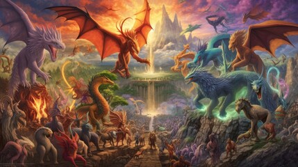 Artwork showcasing a diverse array of legendary creatures from folklore and mythology, such as dragons, griffins, unicorns, and phoenixes, gathered in a majestic and awe - inspiring setting