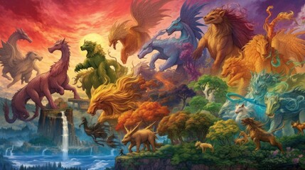 Artwork showcasing a diverse array of legendary creatures from folklore and mythology, such as dragons, griffins, unicorns, and phoenixes, gathered in a majestic and awe - inspiring setting