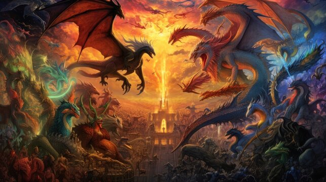 Artwork showcasing a diverse array of legendary creatures from folklore and mythology, such as dragons, griffins, unicorns, and phoenixes, gathered in a majestic and awe - inspiring setting