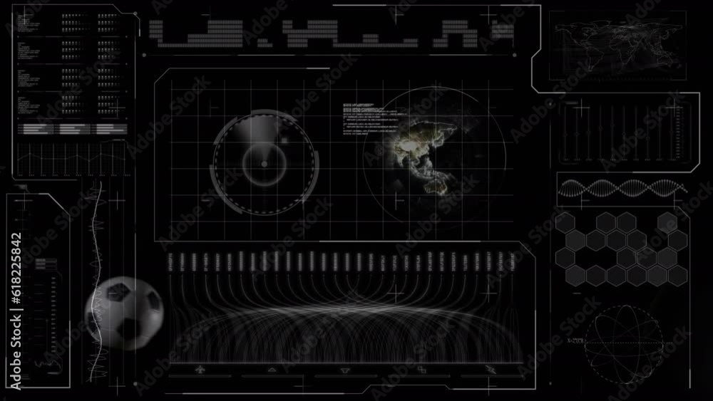 Poster animation of globe and data processing over caucasian football player kicking ball