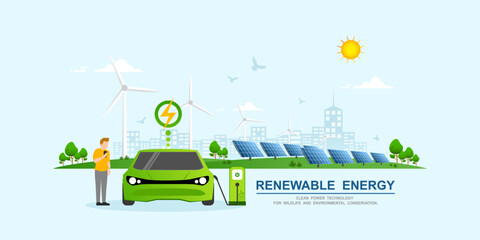 Environmental care and use clean green energy from renewable sources and low carbon concept, Modern eco city with Electric car charging system, Windmills farm or Wind power and Solar energy panels.