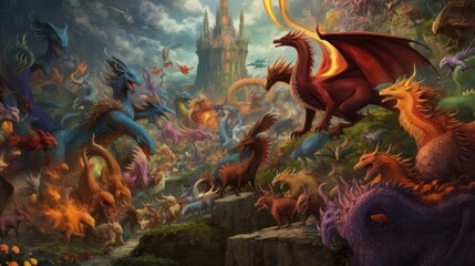 Fototapeta premium Artwork showcasing a diverse array of legendary creatures from folklore and mythology, such as dragons, griffins, unicorns, and phoenixes, gathered in a majestic and awe - inspiring setting