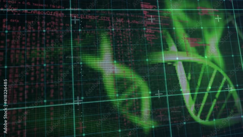 Poster animation of data processing over dna strands spinning