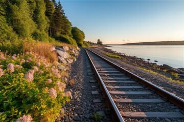 Fototapeta premium along a railroad on an summer morning AI Generated