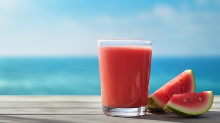 Fresh watermelon juice with sea background.Generative Ai.