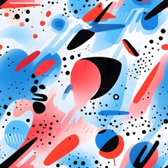 A seamless pattern featuring abstract shapes, lines, and textures in a vibrant and eclectic mix, creating a visually captivating design with blue and red color tones. Generative AI