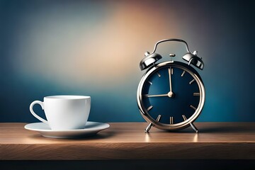 alarm clock and cup of coffee on table - obrazy, fototapety, plakaty